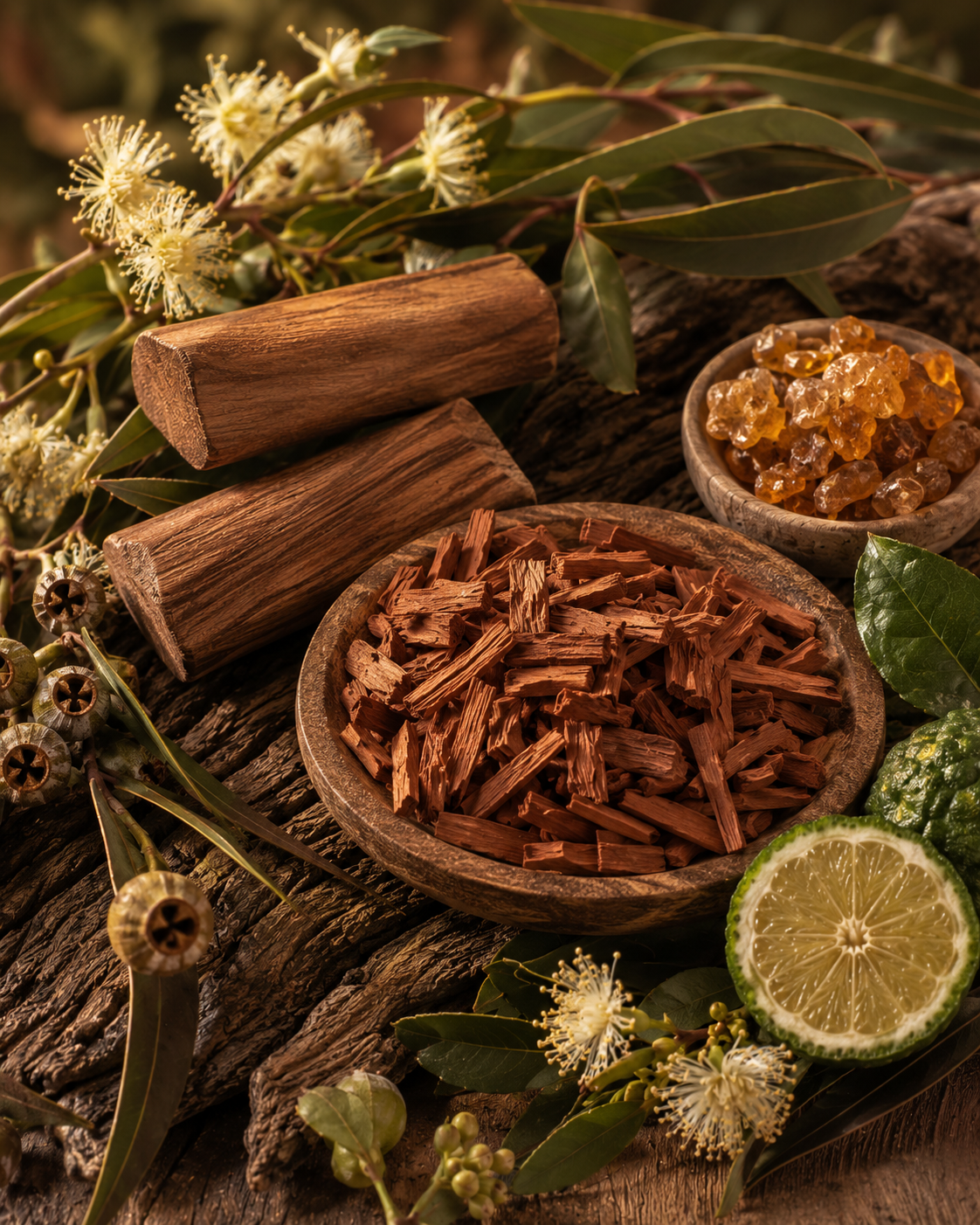 Spices and herbs on a wooden surface with flowers and leaves. Australian Sandalwood soy wax melts