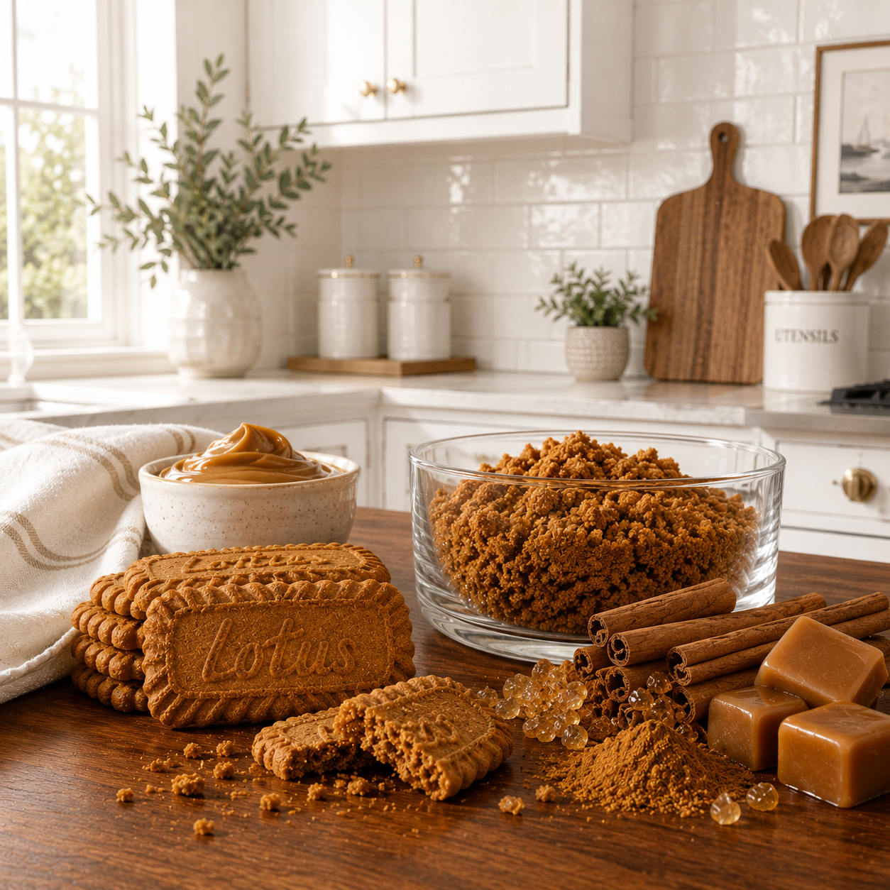 Caramel cookies and ingredients on a kitchen counter with a cozy home setting.