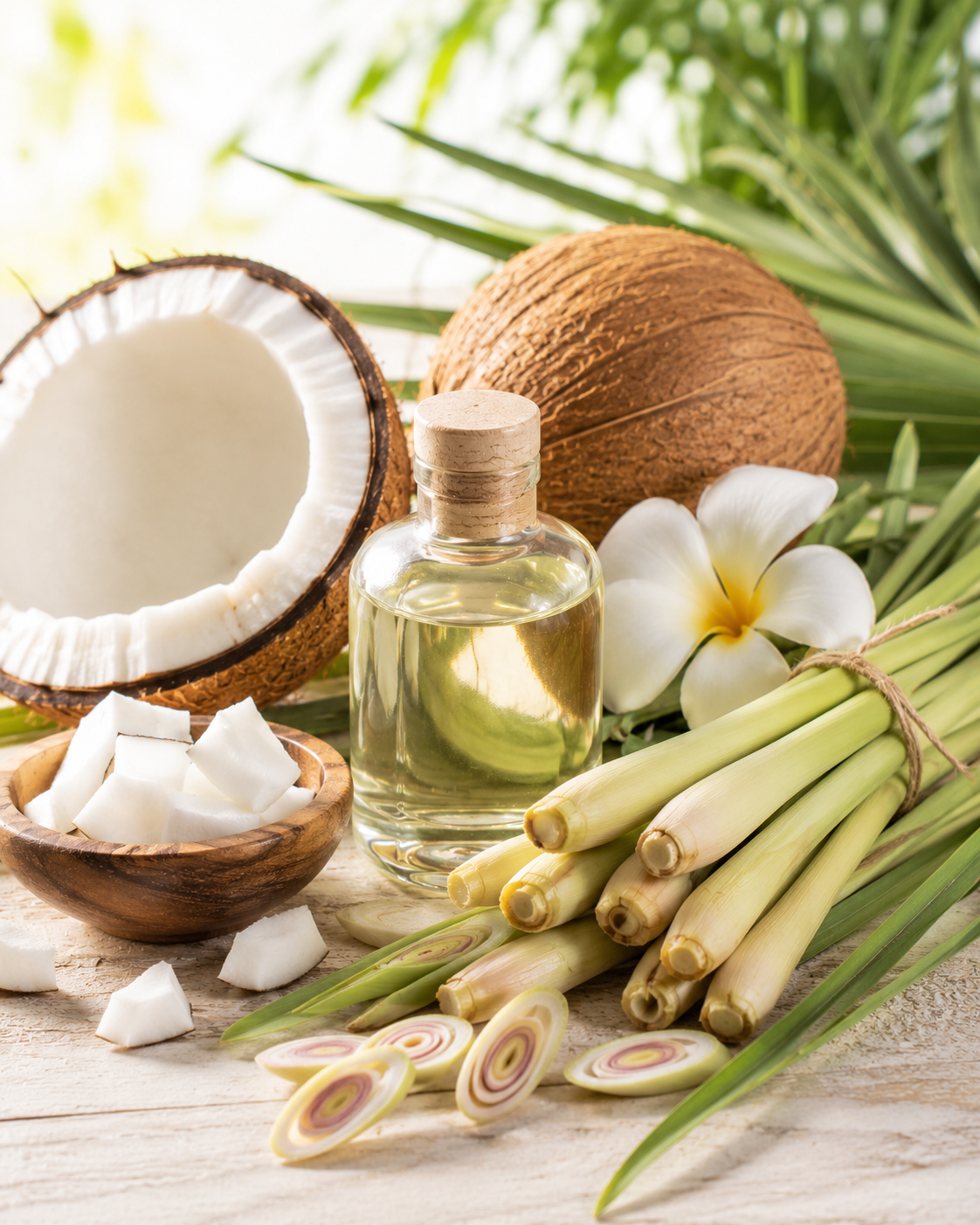Coconut oil bottle with coconuts, lemongrass, and frangipani on a wooden surface.