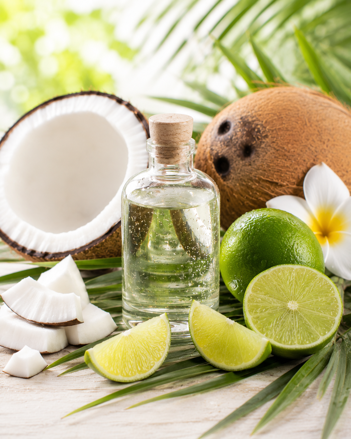 Clear bottle of coconut oil with coconuts, limes, and flowers on a wooden surface.