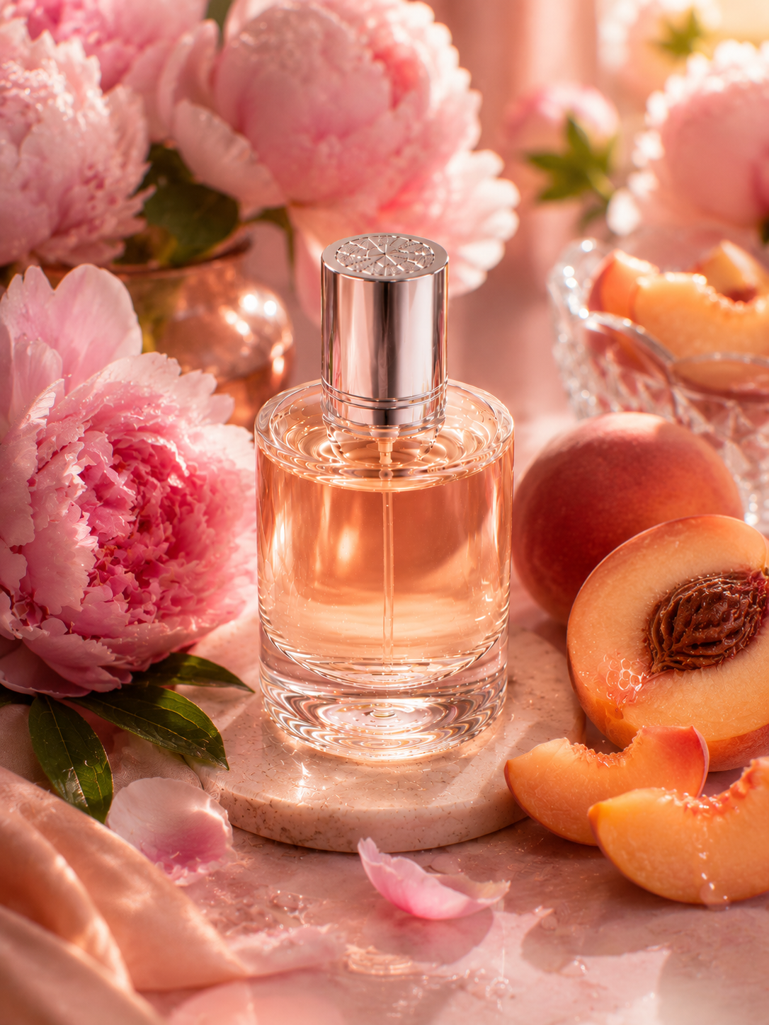 Perfume bottle with peaches and pink flowers on a light surface