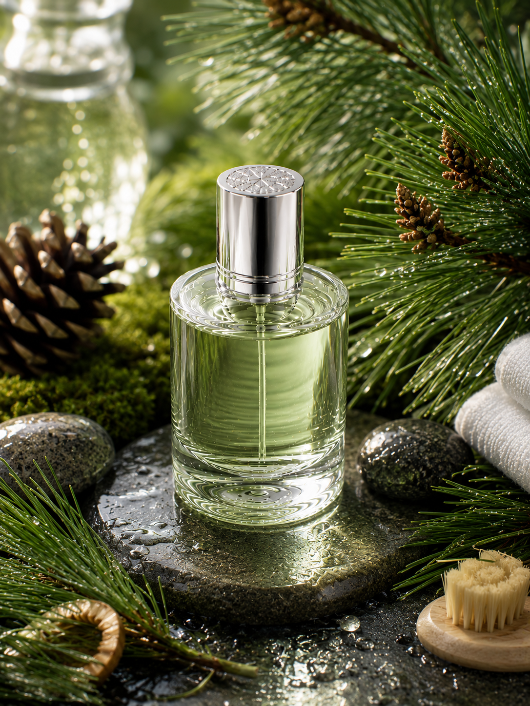 Glass perfume bottle with silver cap on a stone surface surrounded by greenery and pine cones.