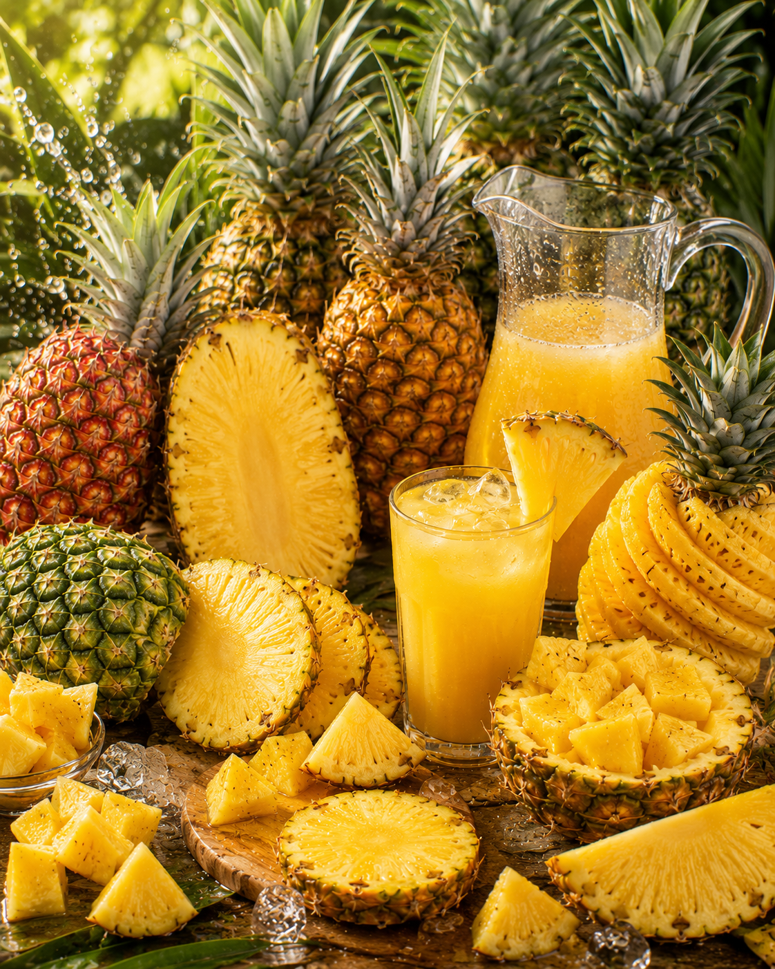 Pineapples with a glass of pineapple juice and a pitcher on a green leafy background