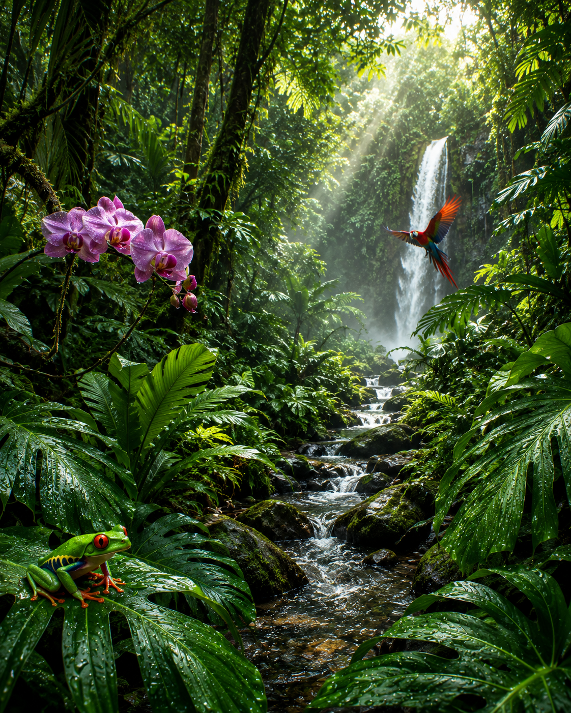 Tropical forest with a waterfall, pink flowers, and a red and blue bird.
