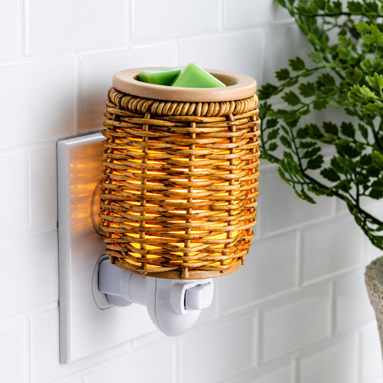 Wicker wall-mounted wax warmer with a green candle on a white tiled wall.