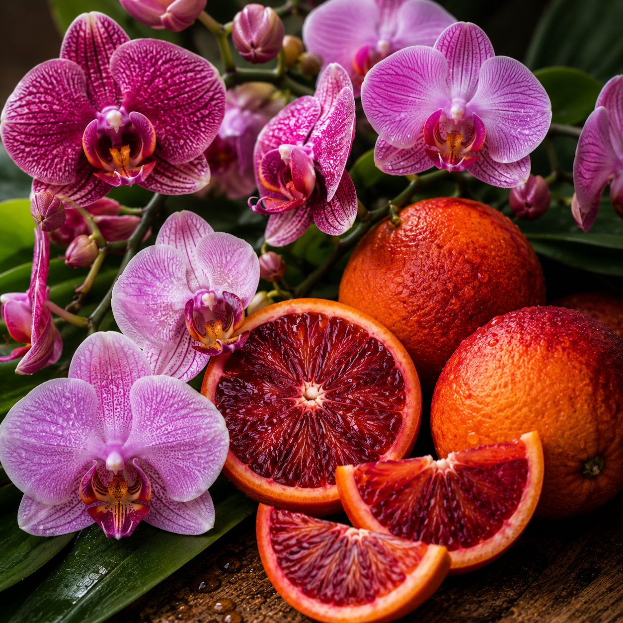 Pink orchids and blood oranges on a wooden surface