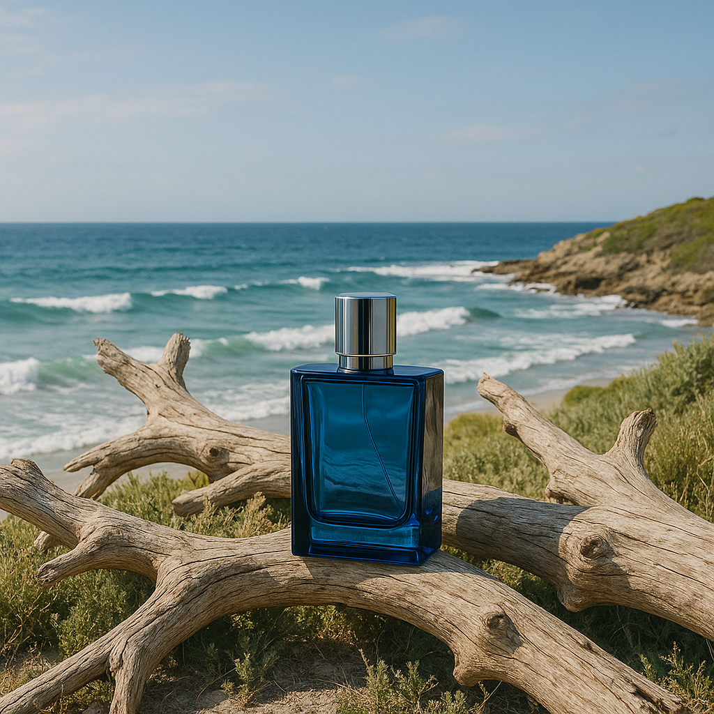 Blue perfume bottle on a piece of driftwood with ocean in the background