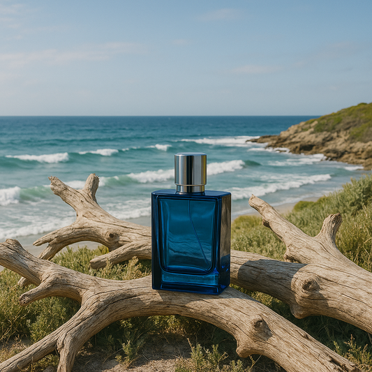 Blue perfume bottle on a piece of driftwood with ocean in the background