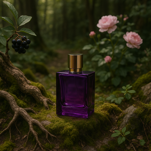 Purple perfume bottle with gold cap on a mossy surface surrounded by nature