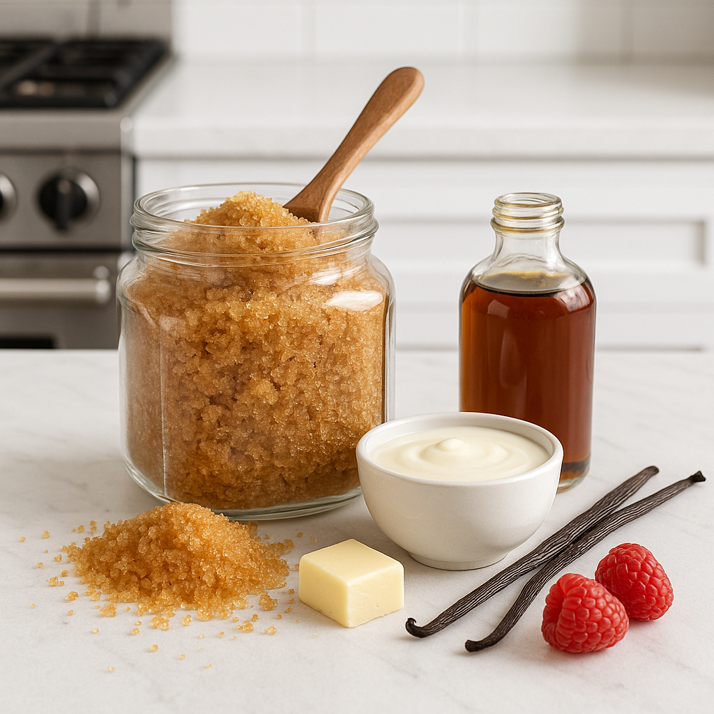 Jars of brown sugar, vanilla extract, a bowl of cream, butter, vanilla beans, and raspberries on a kitchen counter.