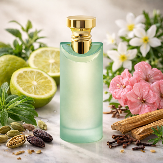 Perfume bottle with gold cap on a surface with limes, flowers, and spices