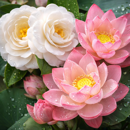 Close-up of white and pink lotus flowers with water droplets on green leaves.