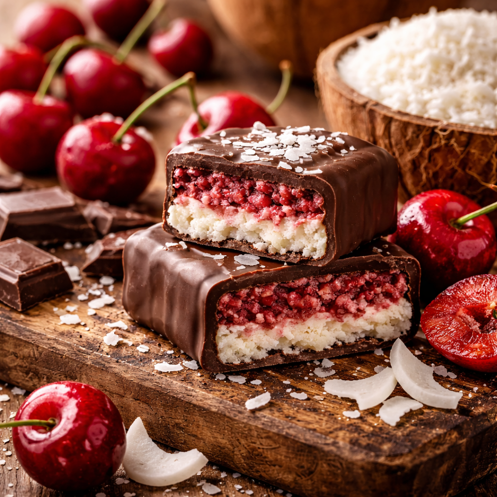 Chocolate-covered cherry bars with coconut on a wooden board, surrounded by cherries and coconut pieces.