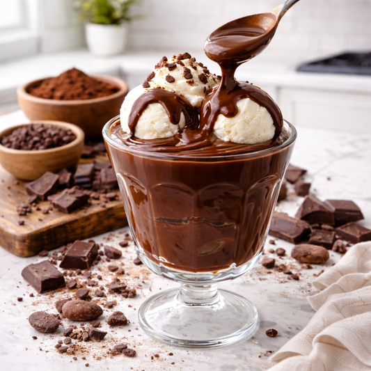 Glass of chocolate pudding with ice cream, surrounded by chocolate pieces and a wooden board.