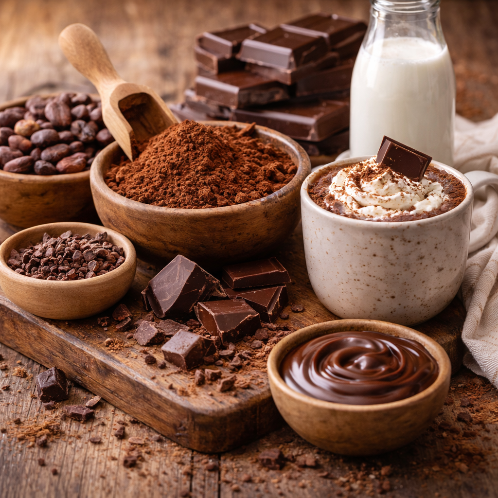 Assorted chocolate products including cocoa powder, chocolate bars, and a hot chocolate cup on a wooden surface.
