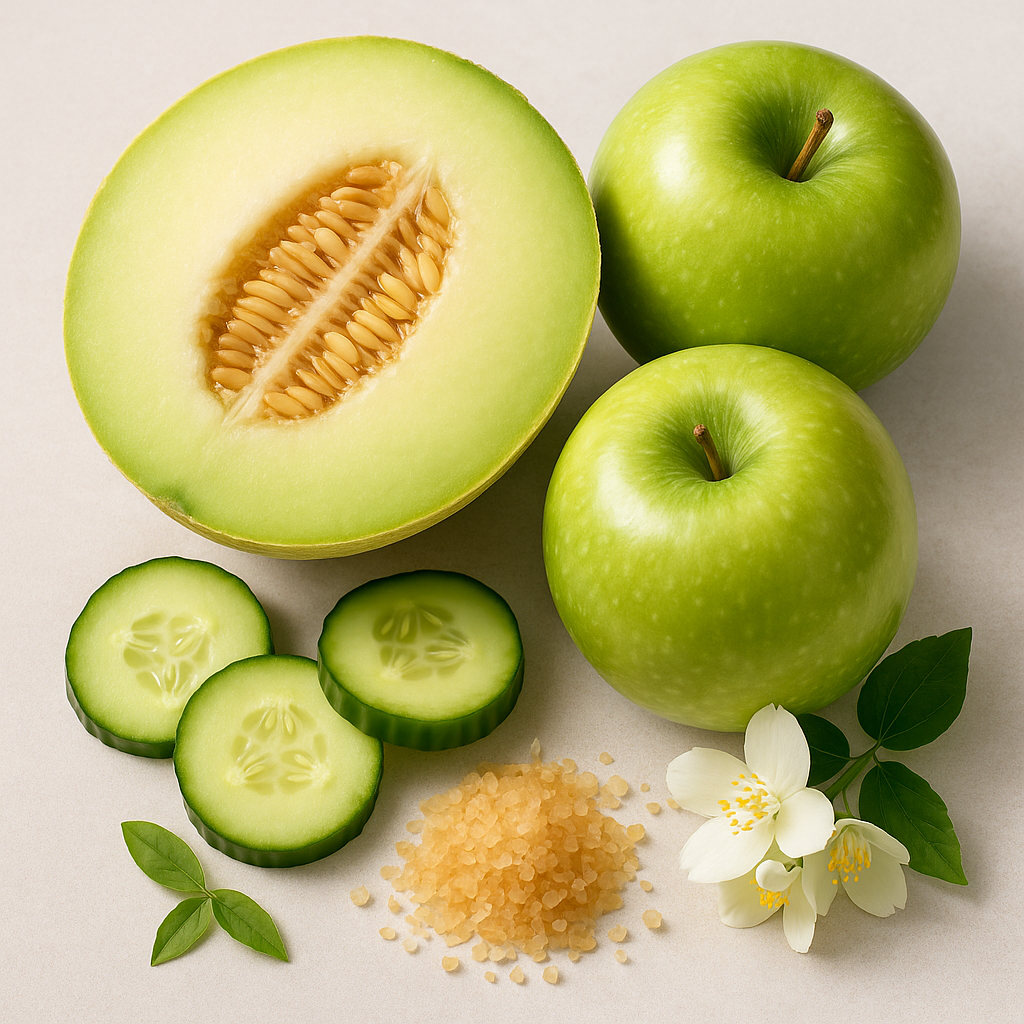 Green apple, honeydew melon, cucumbers, sugar, and a flower on a light background