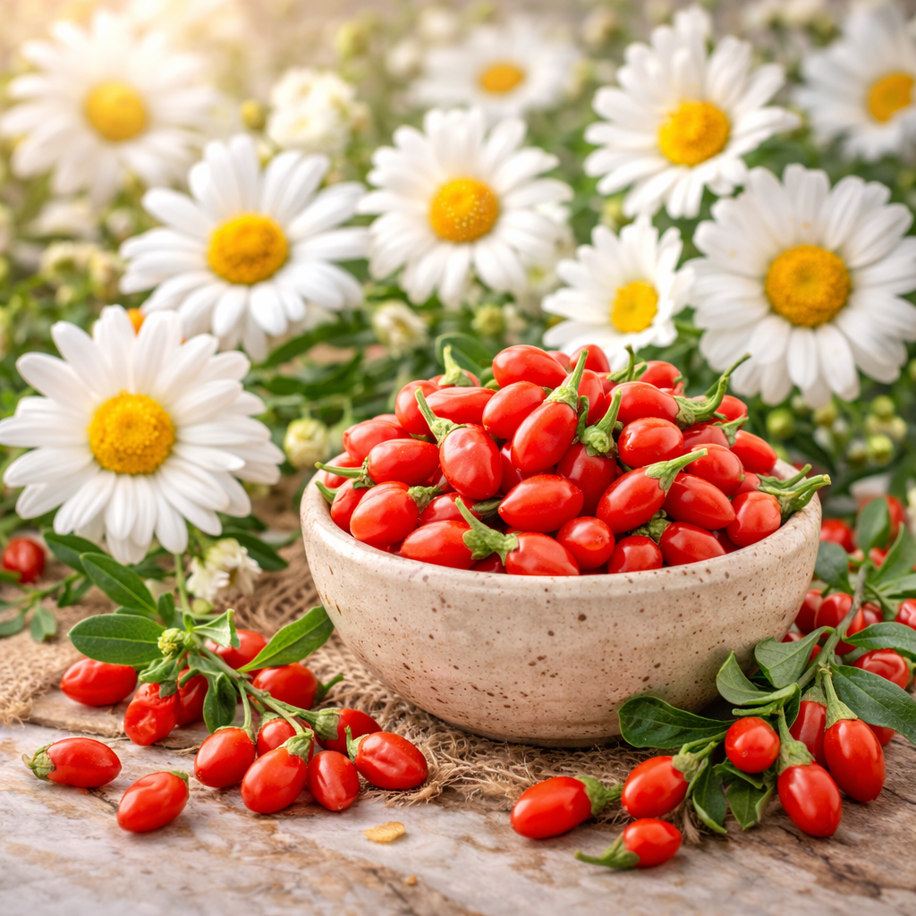 Bowl of red goji berries with white flowers in the background