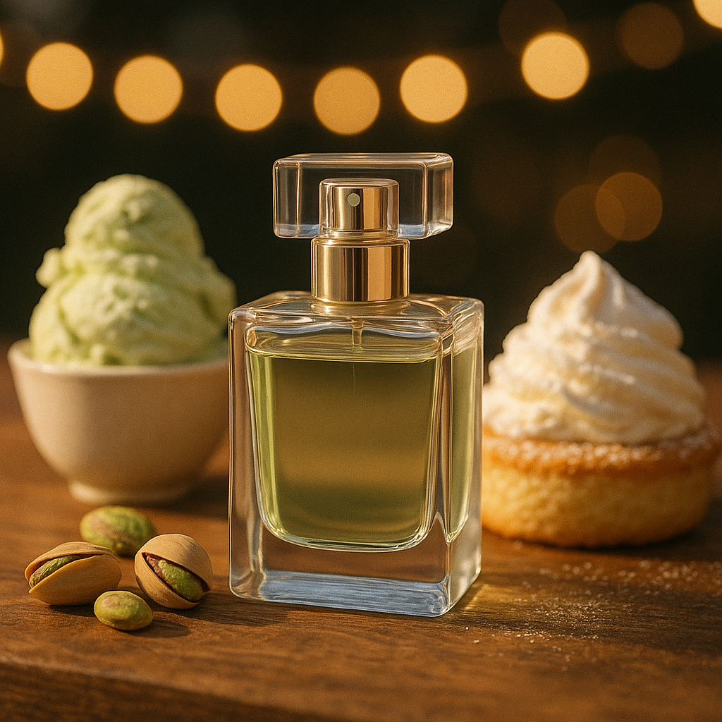 Perfume bottle with pistachios, ice cream, and a pastry on a wooden surface with a blurred background.