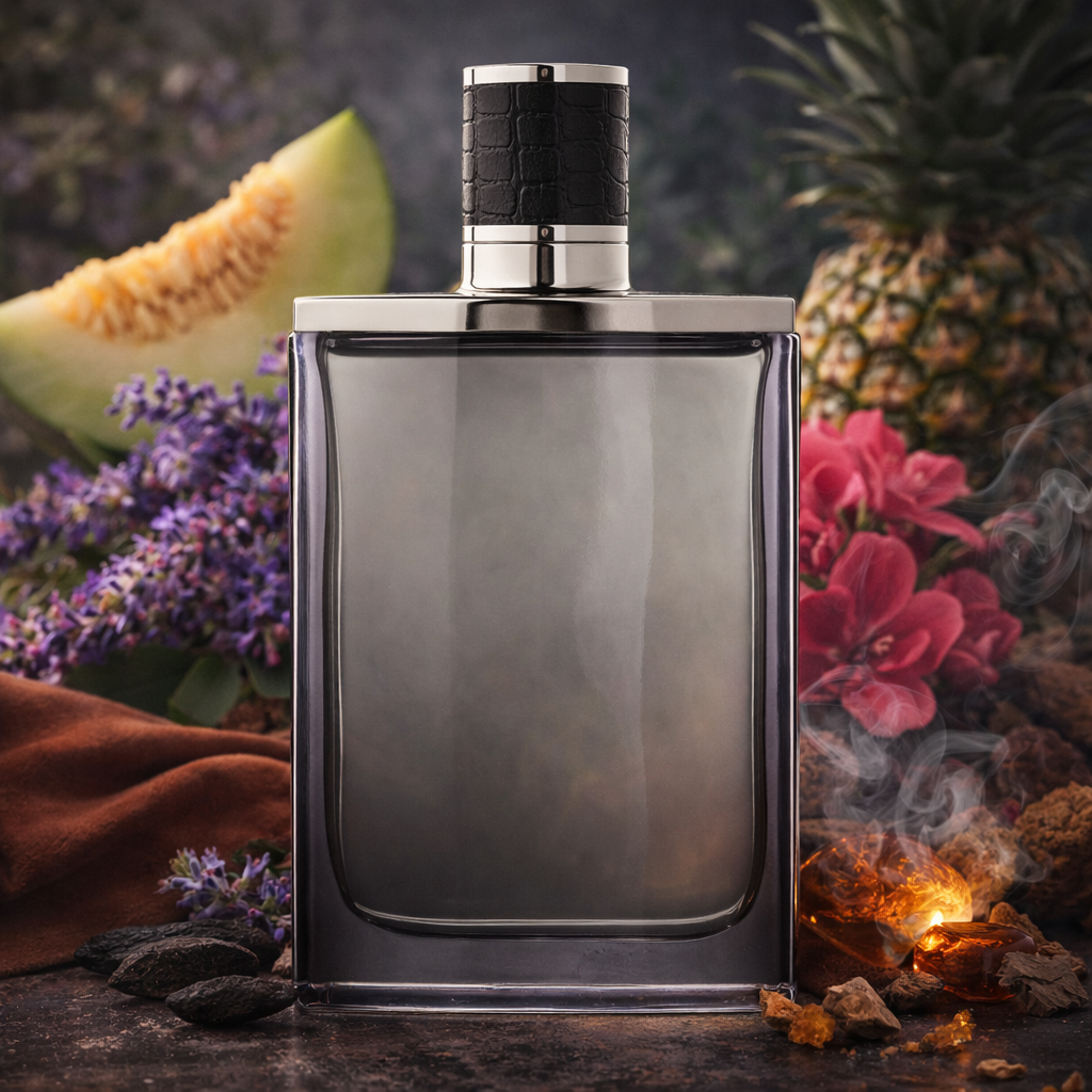 Perfume bottle with floral and fruit elements on a dark background