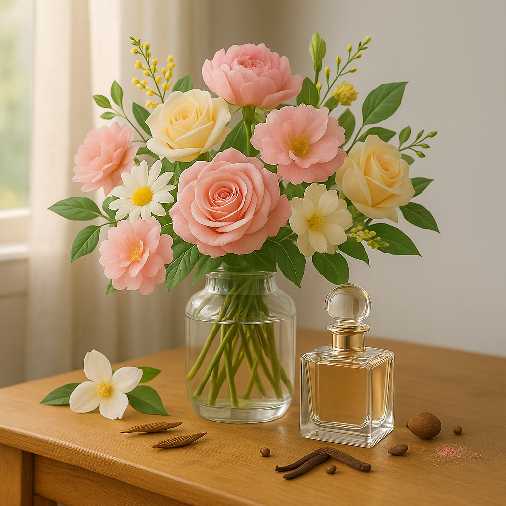 Bouquet of pink and yellow roses in a clear vase on a wooden table with a perfume bottle.