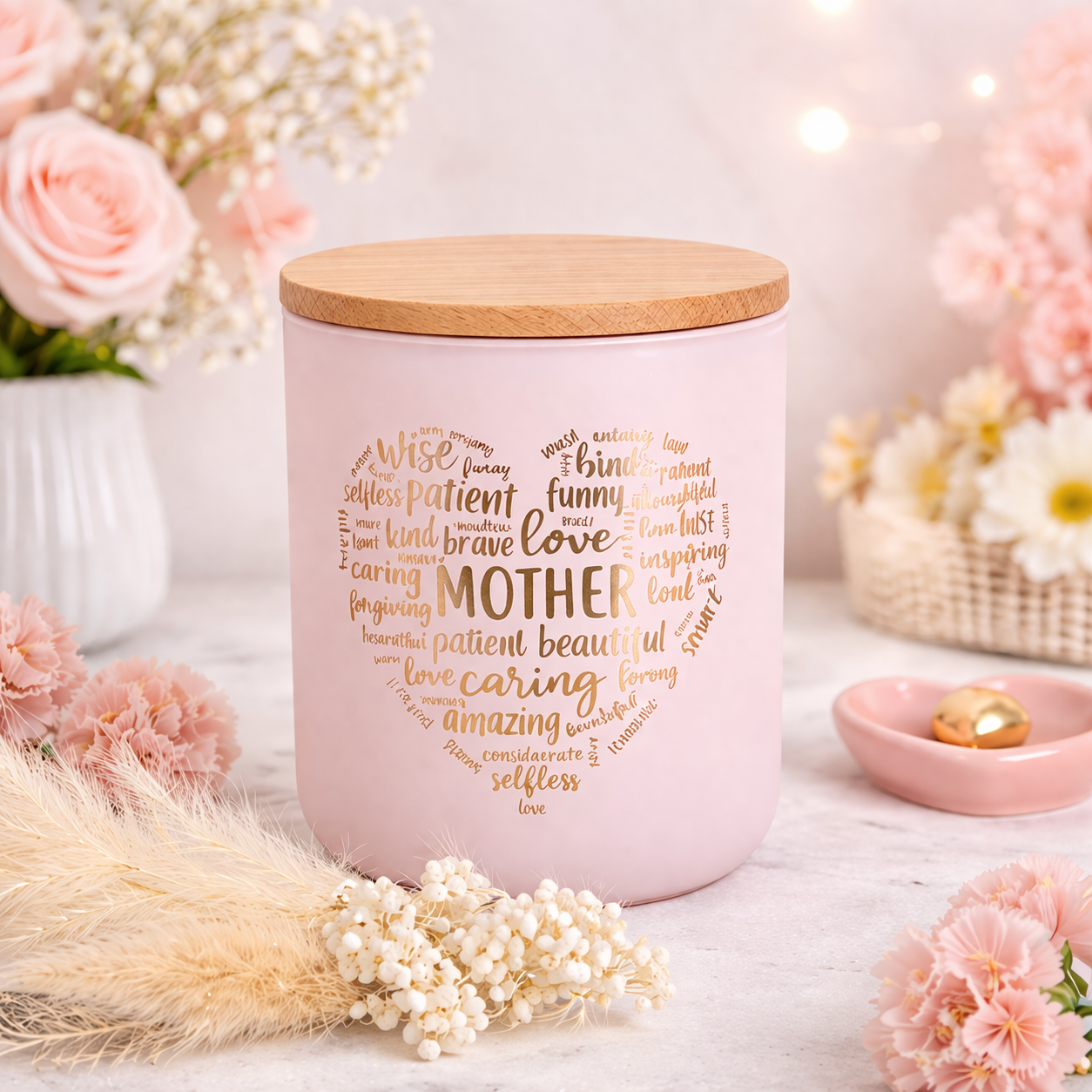 Pink candle with wooden lid on a decorative surface with flowers