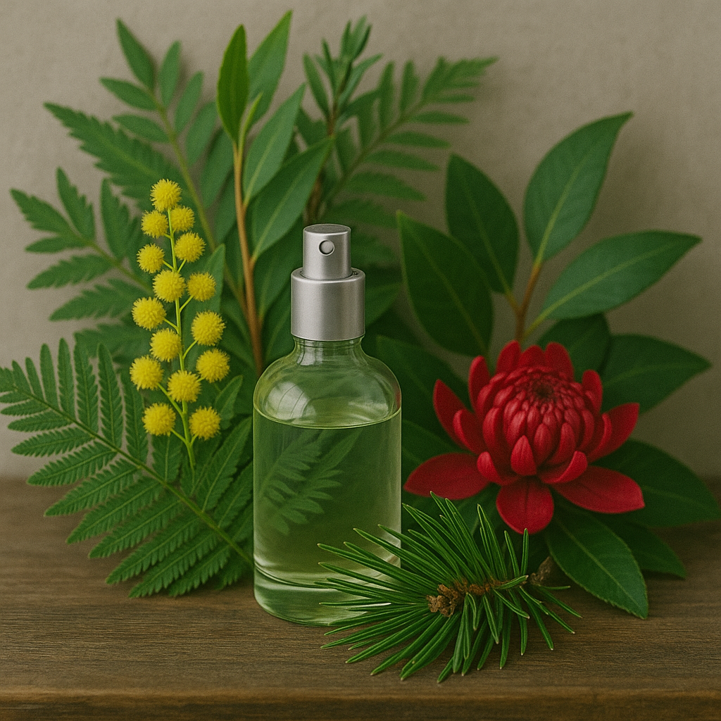 A bottle of fragrance with a spray nozzle, surrounded by an arrangement of green leaves and red flowers.
