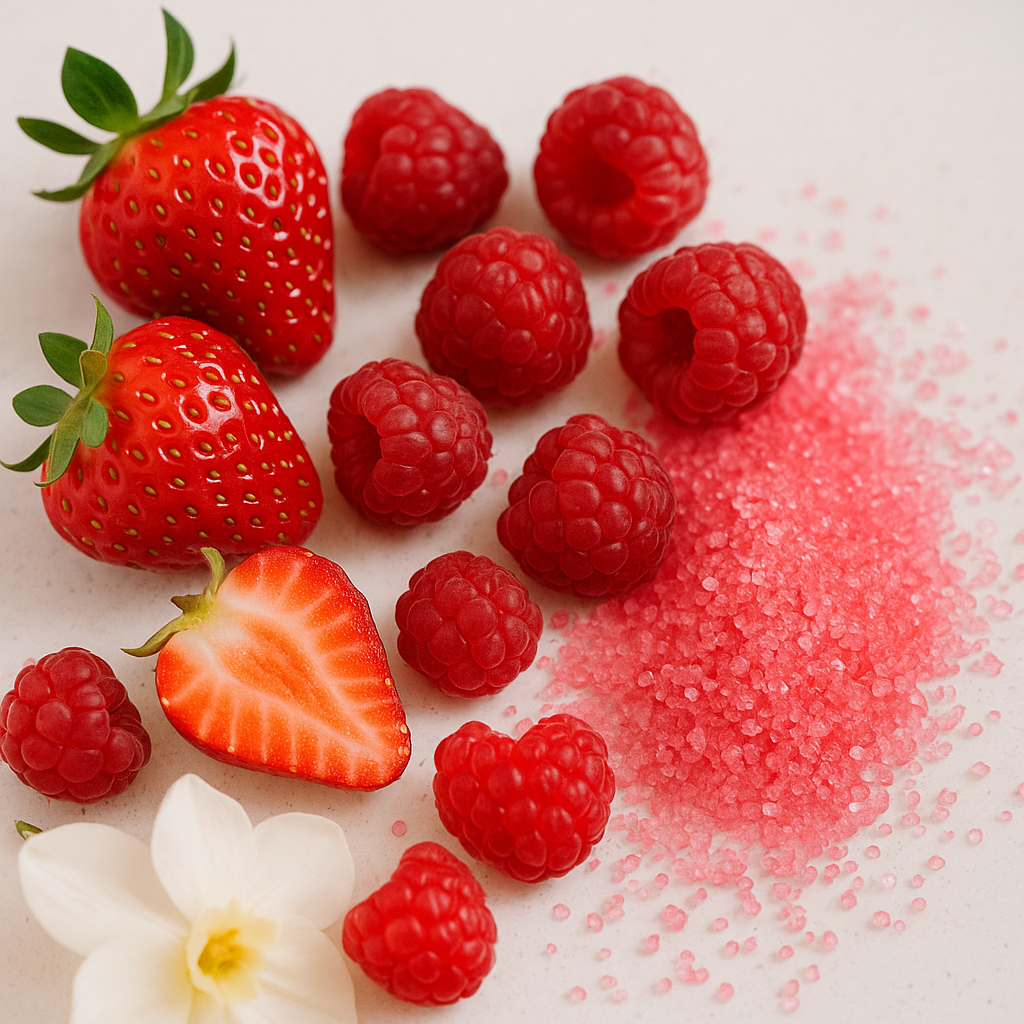 Strawberries and raspberries on a white surface with pink sugar crystals.