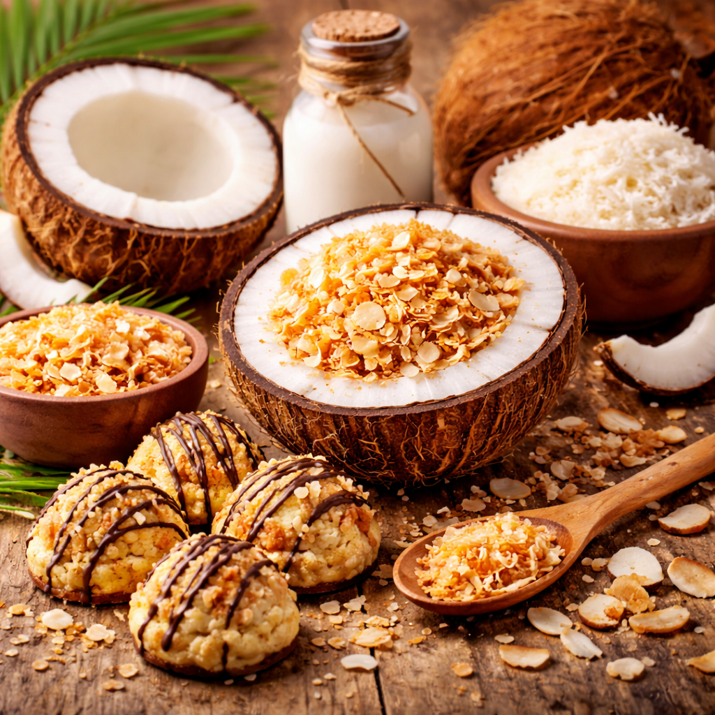 Coconut products including halves, flakes, and cookies on a wooden surface.
