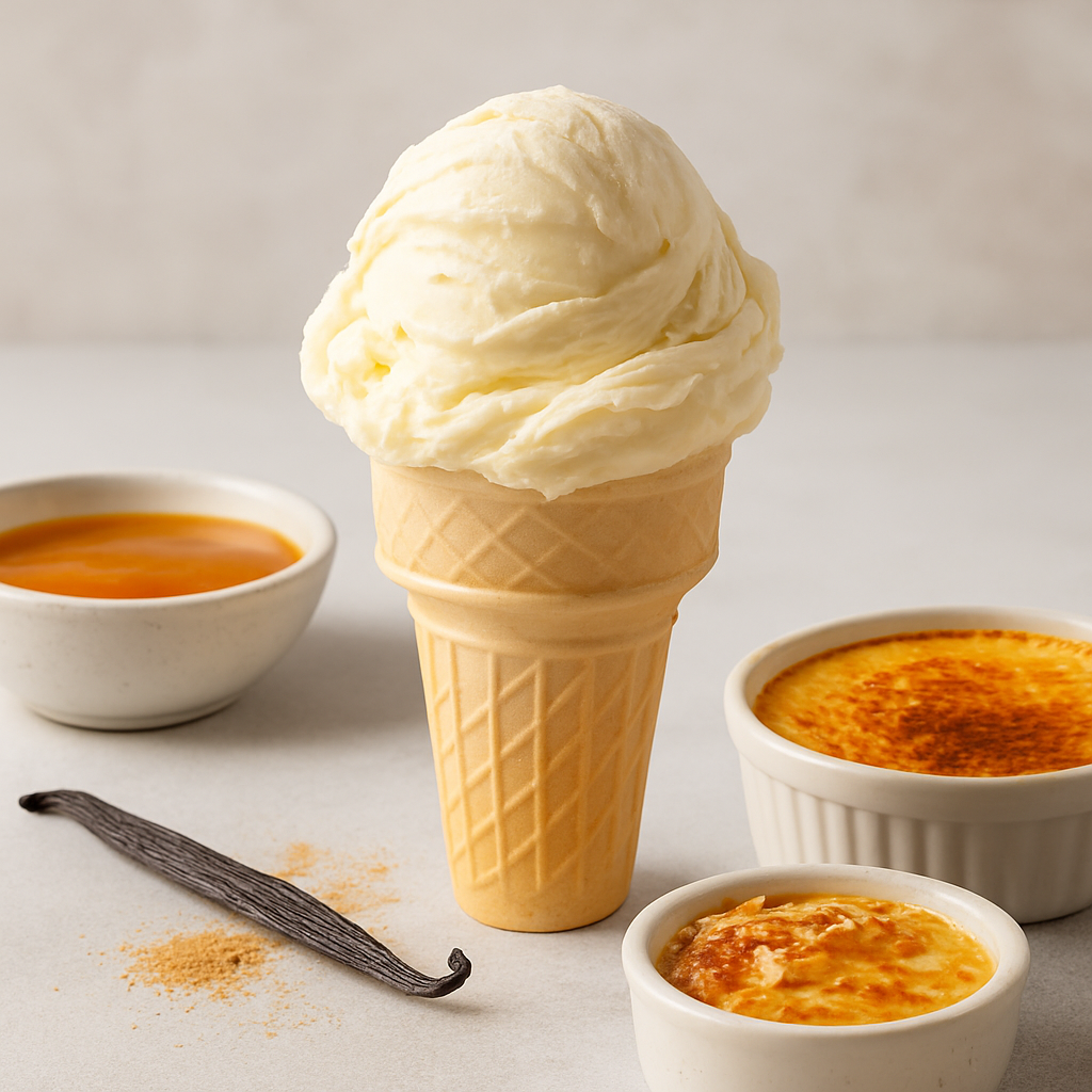 Vanilla ice cream cone with bowls of creme brèleé and vanilla bean on a light background