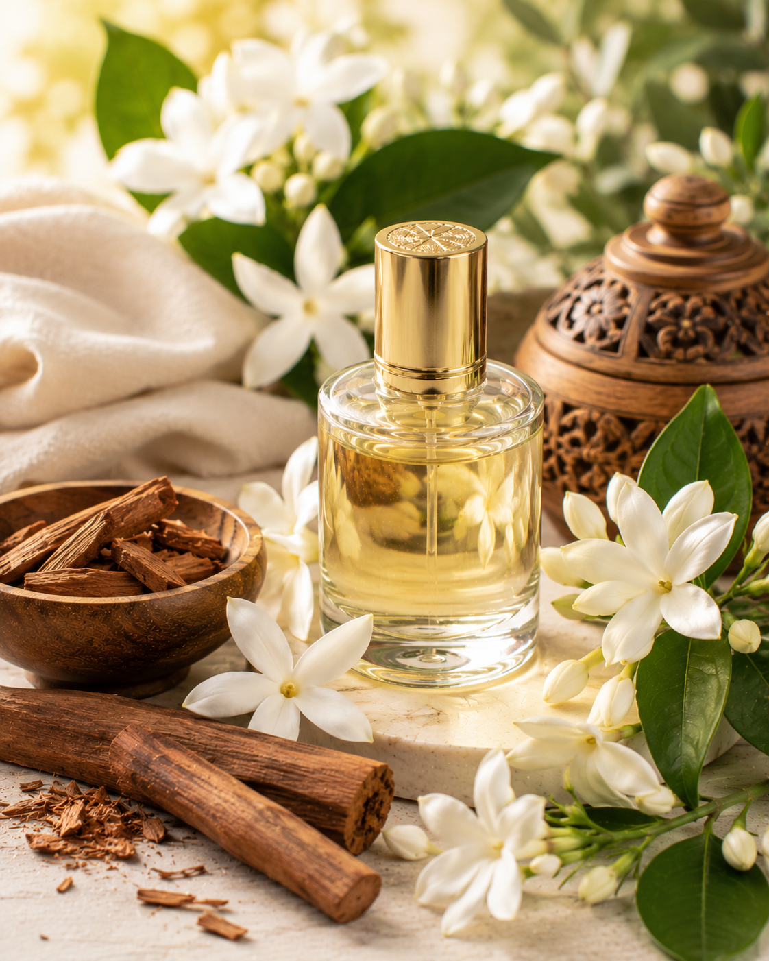 Perfume bottle with white flowers, cinnamon sticks, and a wooden bowl on a light surface.