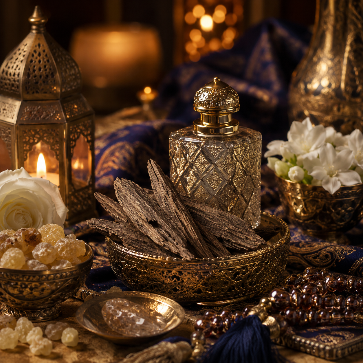 Decorative still life with incense, candles, and ornate containers on a dark background