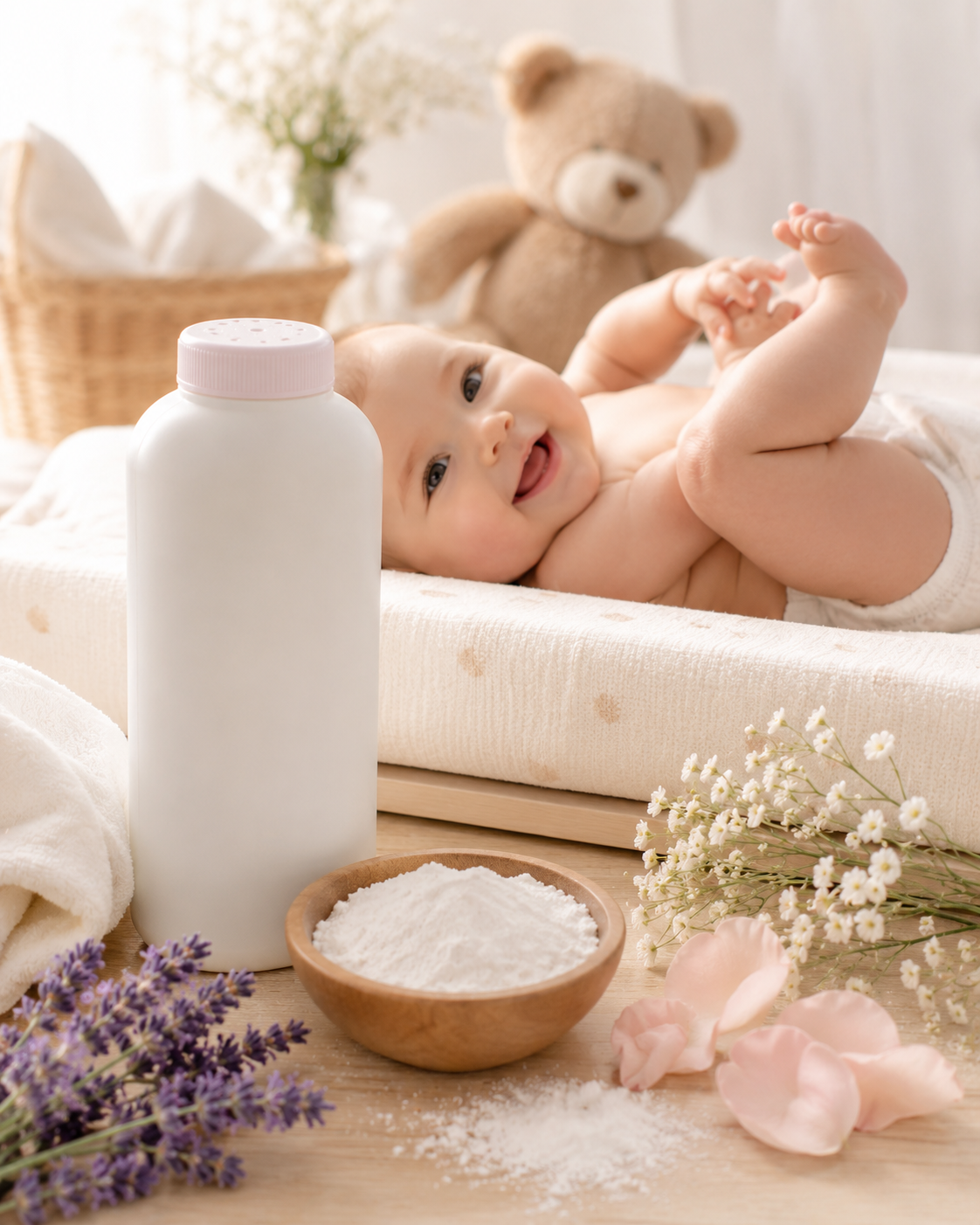 Baby lying on a blanket with a bottle of baby powder, a bowl of powder, and flowers in the foreground.