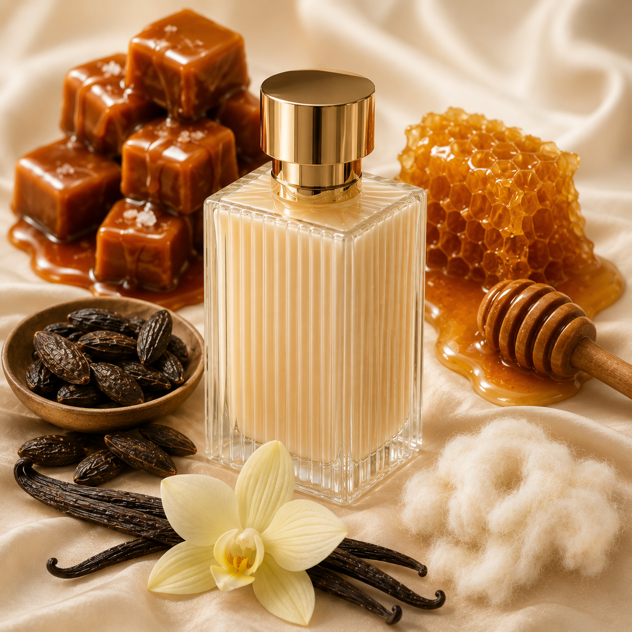 Perfume bottle with caramel, honeycomb, vanilla beans, and an orchid on a textured surface.