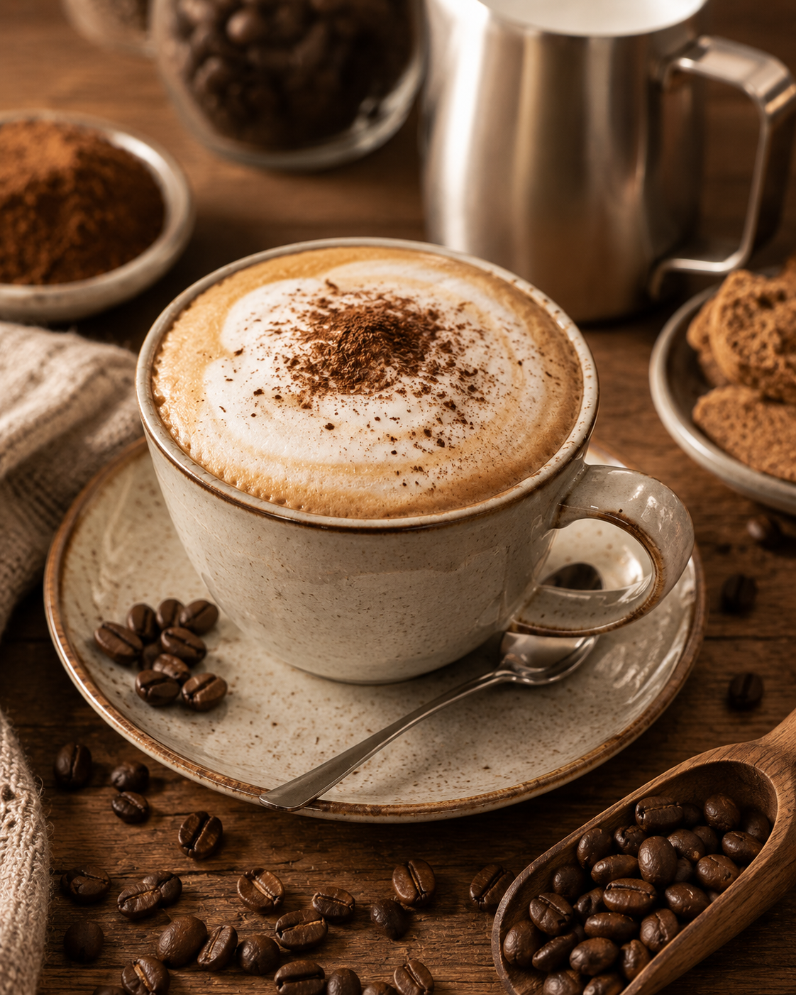 Cappuccino in a white cup with coffee beans and a wooden scoop on a wooden surface