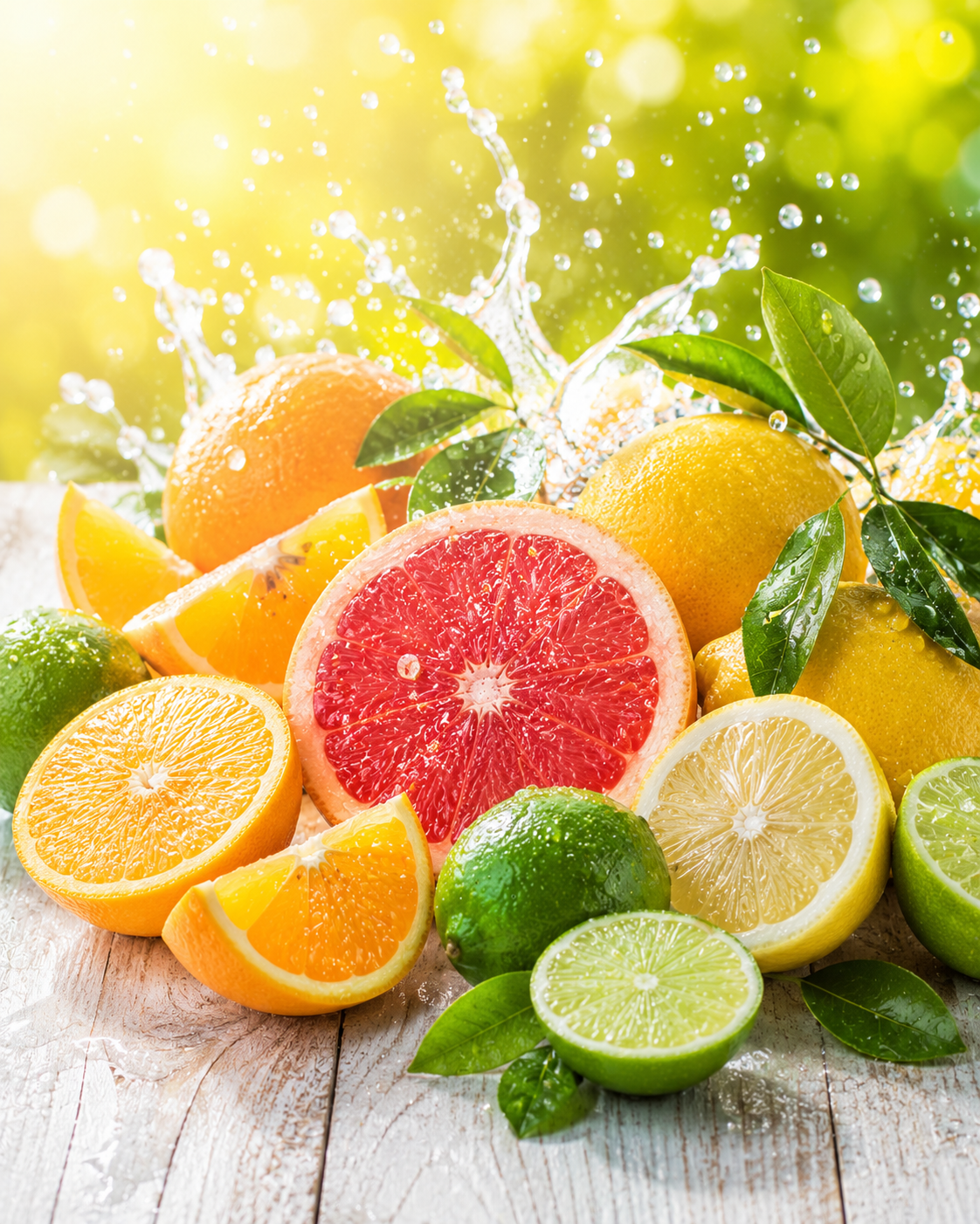 Assorted citrus fruits with water splashes on a wooden surface