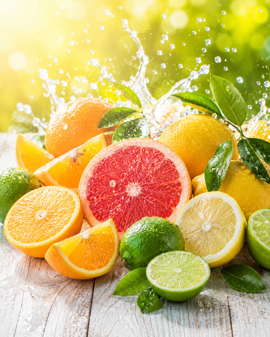 Assorted citrus fruits with water splashes on a wooden surface