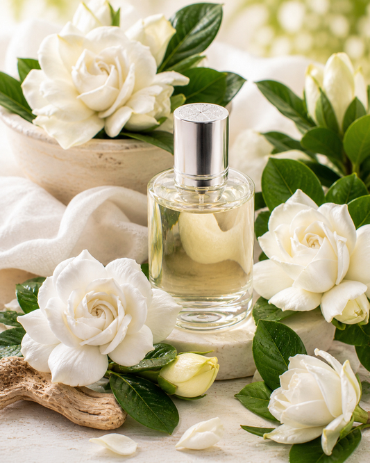 Perfume bottle surrounded by white flowers on a light background
