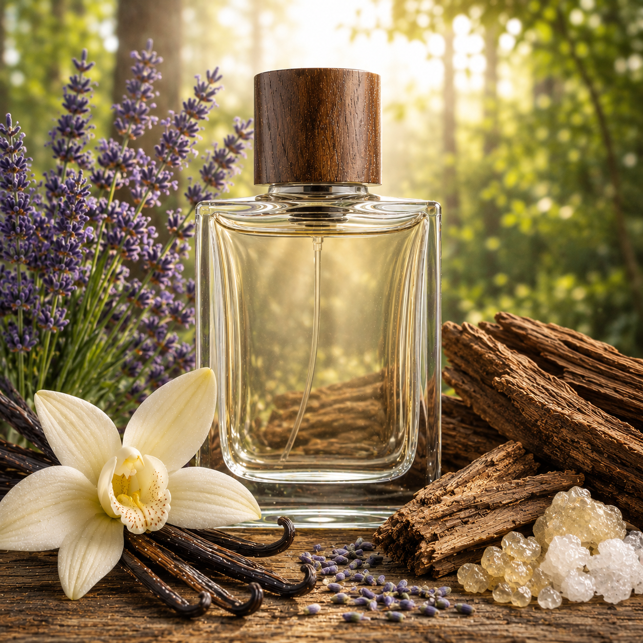 Glass perfume bottle with wooden cap on a wooden surface with lavender, vanilla beans, and sea salt.