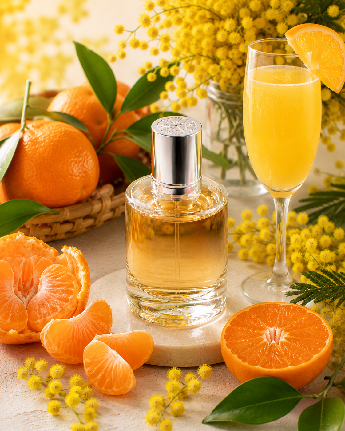 Perfume bottle with oranges and mimosa on a decorative table
