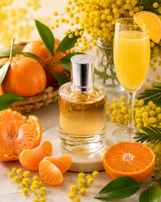 Perfume bottle with oranges and mimosa on a decorative table