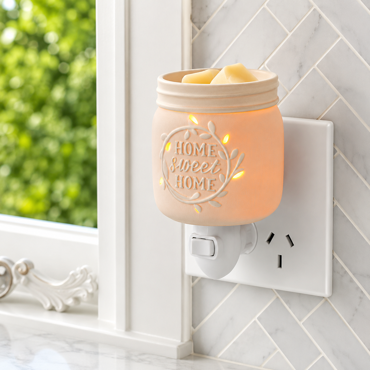Wall-mounted wax warmer with 'Home Sweet Home' engraving on a white wall.