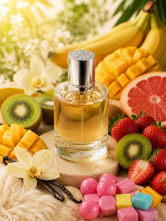 Perfume bottle surrounded by fruits and candies with a bright background