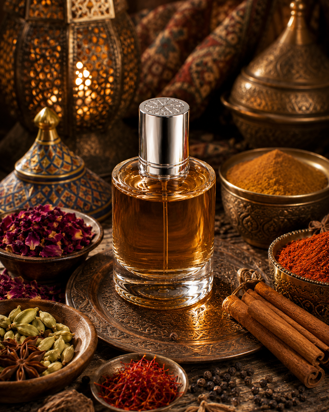 Perfume bottle with spices and herbs on a decorative surface