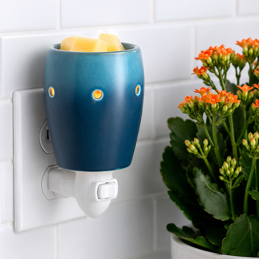 Blue wall-mounted diffuser with candles next to a potted plant on a tiled wall.