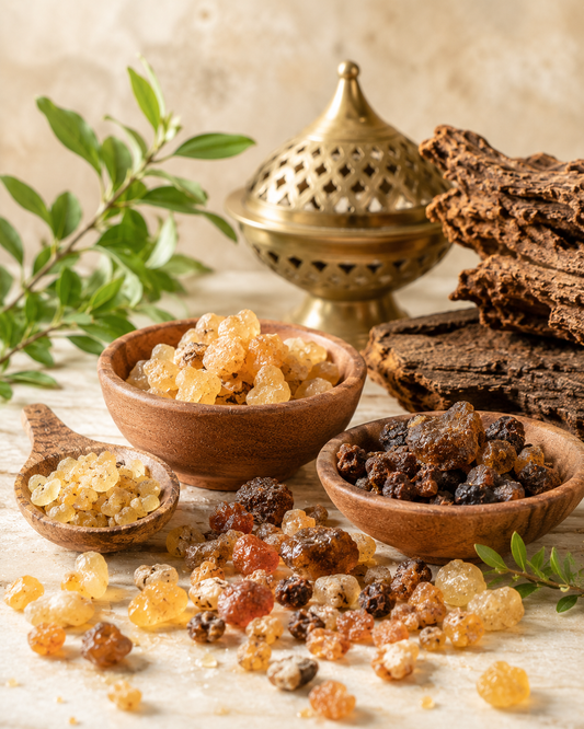 Incense cones in wooden bowls with a gold incense burner and green leaves on a light background