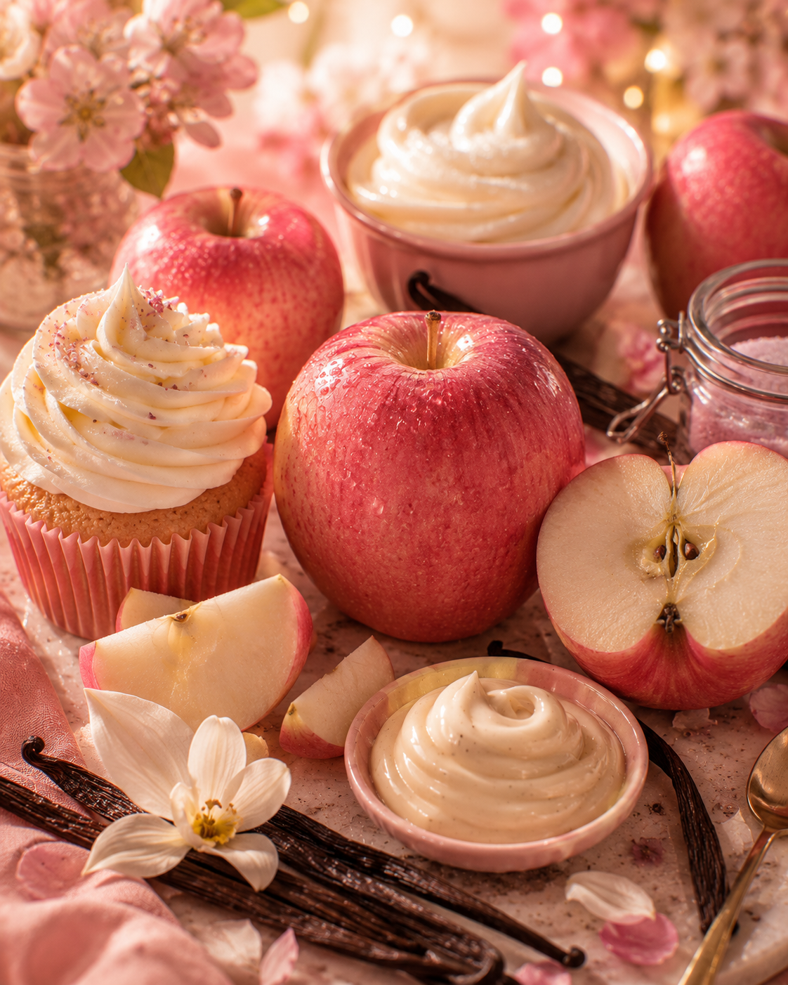 Cupcake with vanilla frosting, apples, and vanilla beans on a decorative surface.