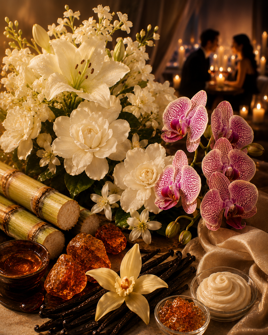 Decorative setup with flowers, vanilla beans, and amber-colored items on a table.