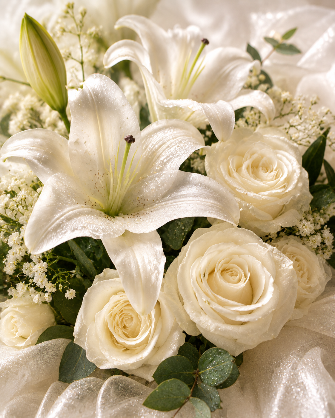Bouquet of white lilies and roses with green leaves.