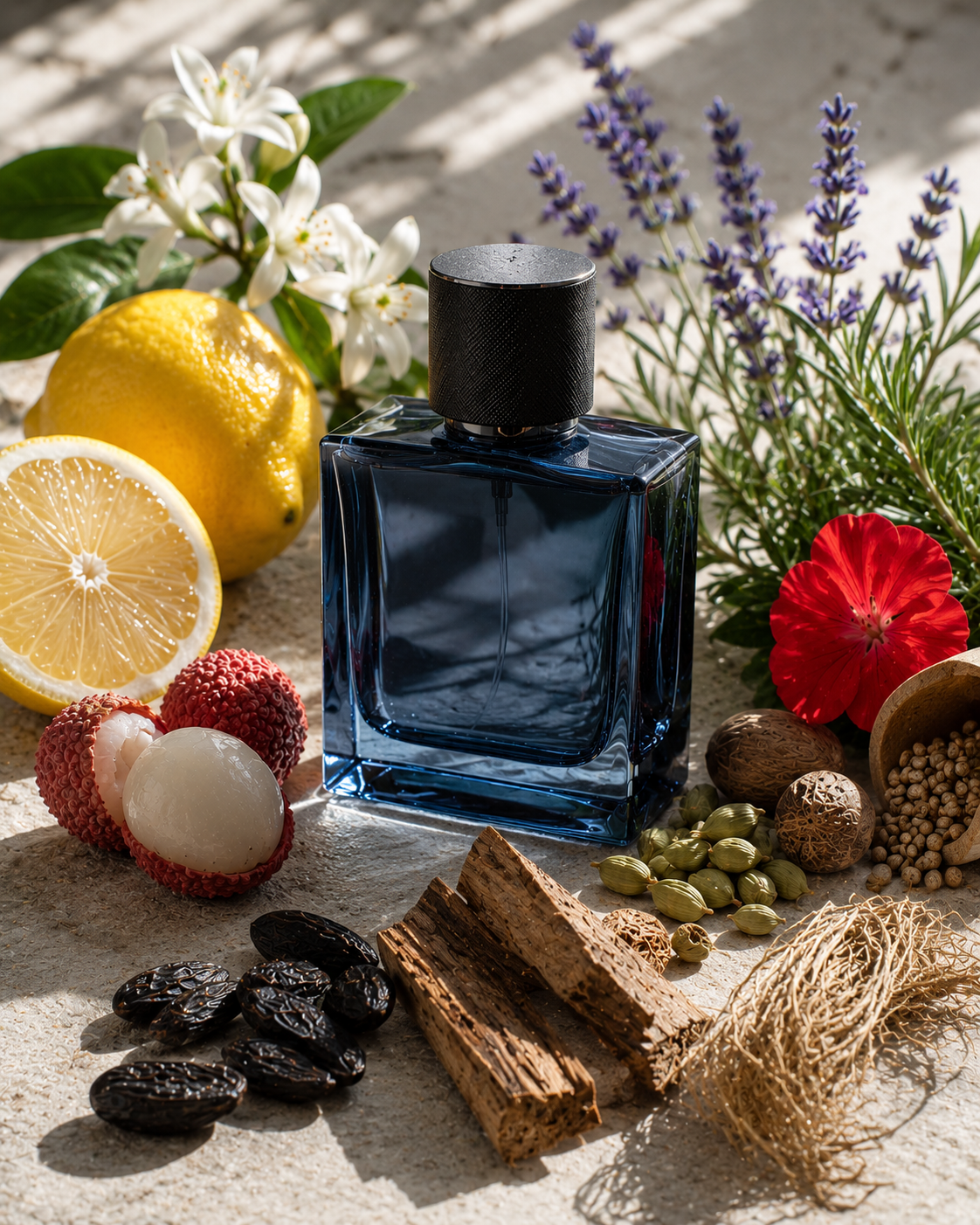 Blue perfume bottle with lemons, flowers, and spices on a textured surface