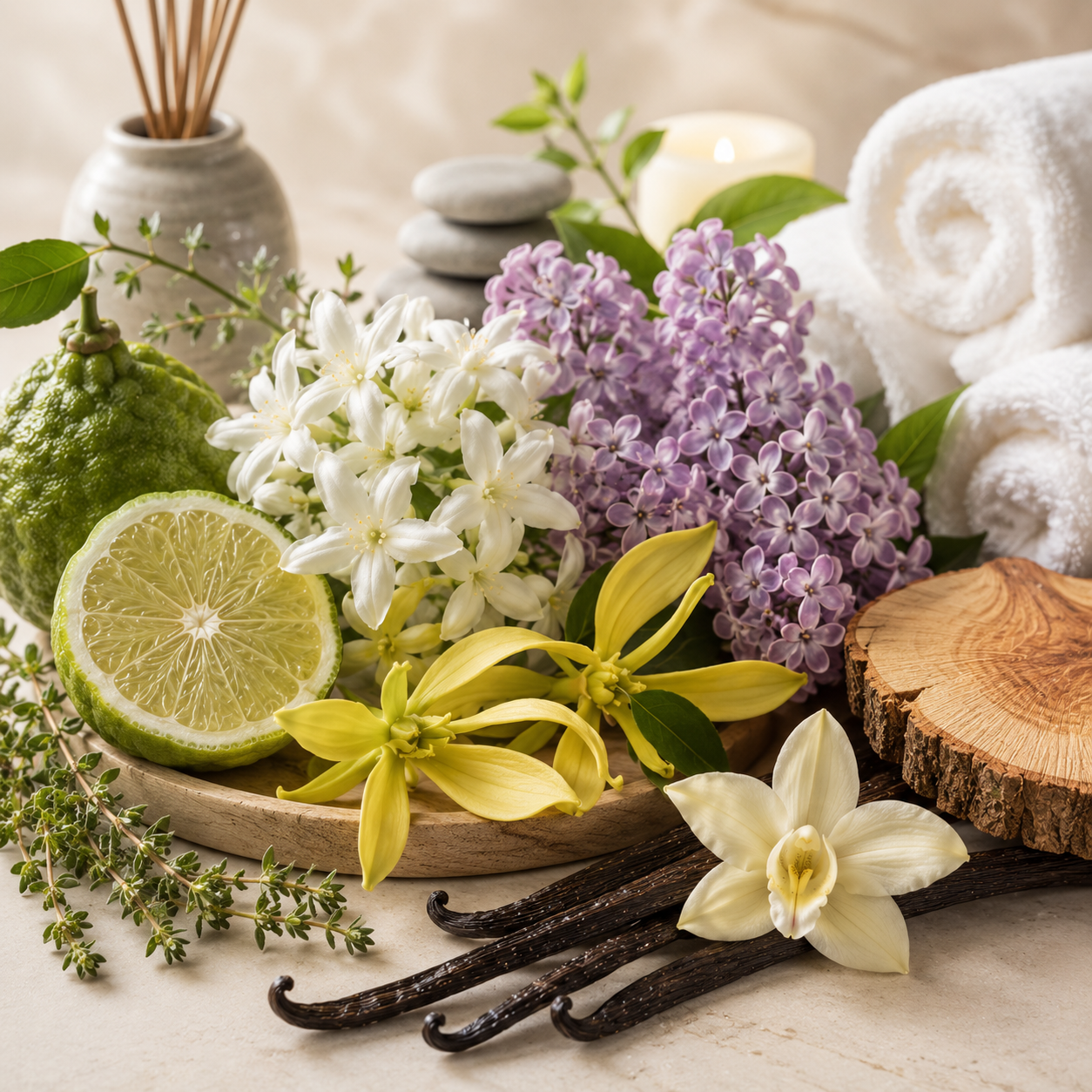 Spices, flowers, and towels on a light surface